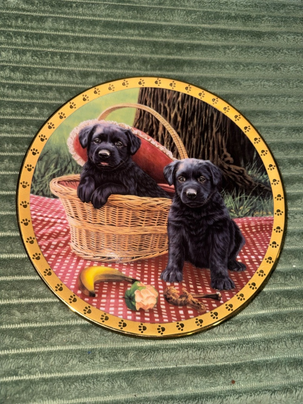 The Hamilton Collection Round Decorative Plate with Black Labrador Puppies